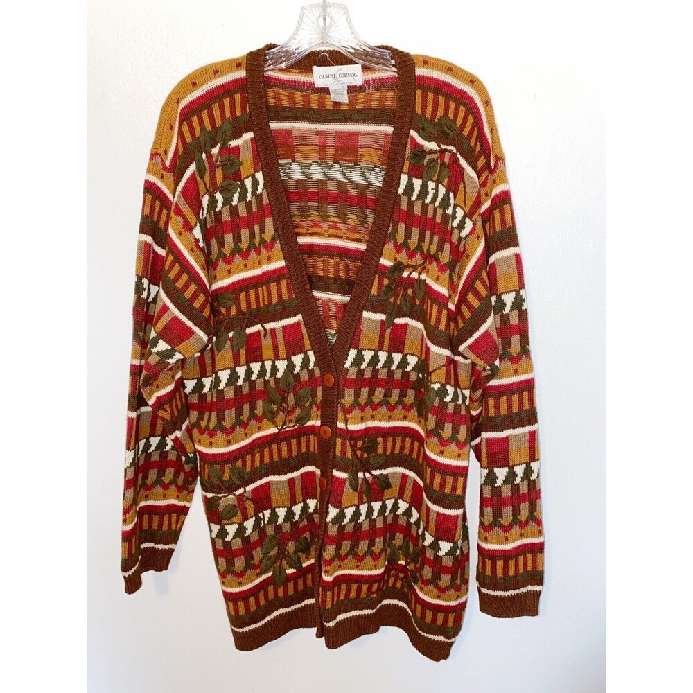 Vintage Casual Corner Cotton Blend Cardigan Embroidered Leaves Size Large